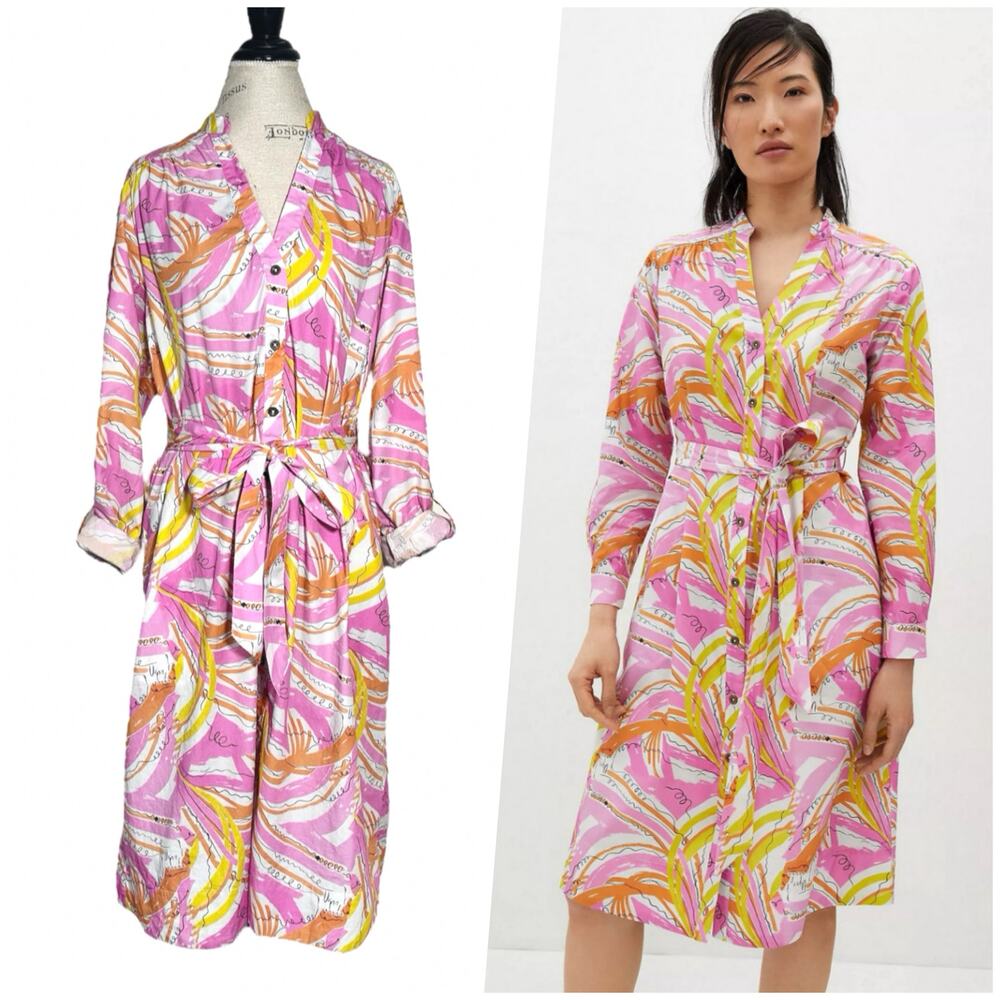 Vera for Anthropologie | Women | Pink Tropical Confetti Midi Shirt Dress | XL